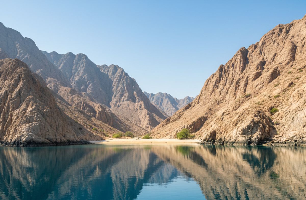 Musandam Dibba coastline with mountains and clear blue sea