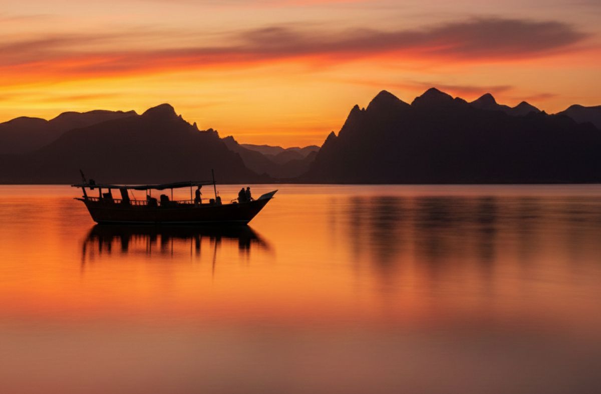 Sunset view over Musandam Dibba sea and mountains