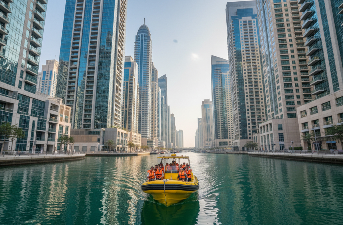Dubai Marina skyline view during speedboat tour